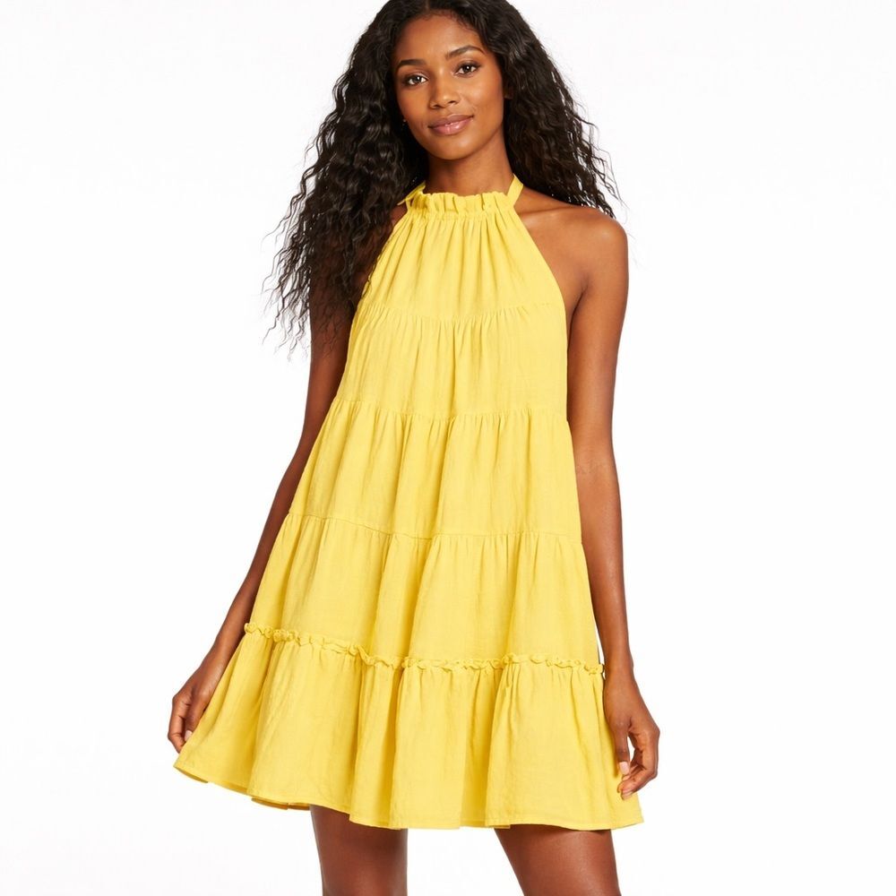 Free People Lera Yellow Halter Mini Dress Size M Tiered Cotton Boho Summer